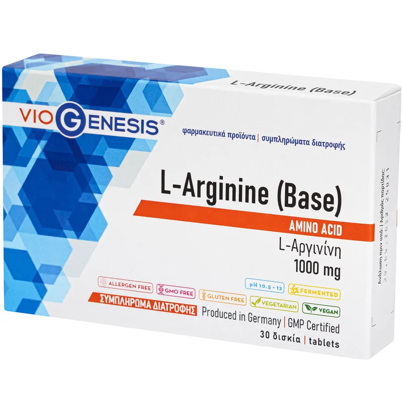 Viogenesis L-Arginine (Base) 1000mg Συμπλήρωμα Διατροφής Αμινοξέος Αργινίνης για Ενίσχυση Παραγωγής Ενέργειας, Αύξηση Μυϊκής Μάζας & Αποκατάσταση 30tabs