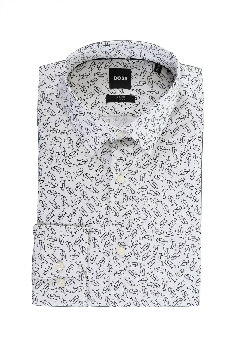 BOSS ΠΟΥΚΑΜΙΣΟ ΜΙΚΡΟΣΧΕΔΙΟ SLIM FIT STRETCH H-HANK-S-KENT-C1-232 ΛΕΥΚΟ-ΜΑΥΡΟ