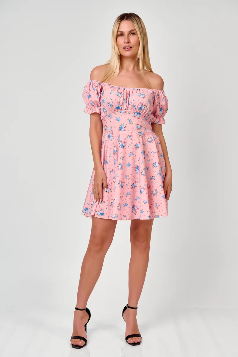 Floral Mini Φόρεμα Off Shoulder Σε Βεραμάν Χρώμα | Dress Up Ροζ