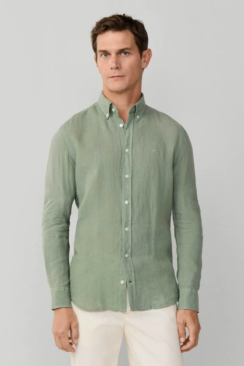 Hackett ανδρικό λινό πουκάμισο button down με κεντημένο λογότυπο Tailored Fit - HM3010635 Πράσινο Ανοιχτό