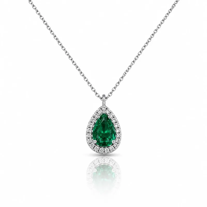 Κολιέ Drop Ροζέτα από Λευκόχρυσο 9Κ με Emerald Green Ζιργκόν
