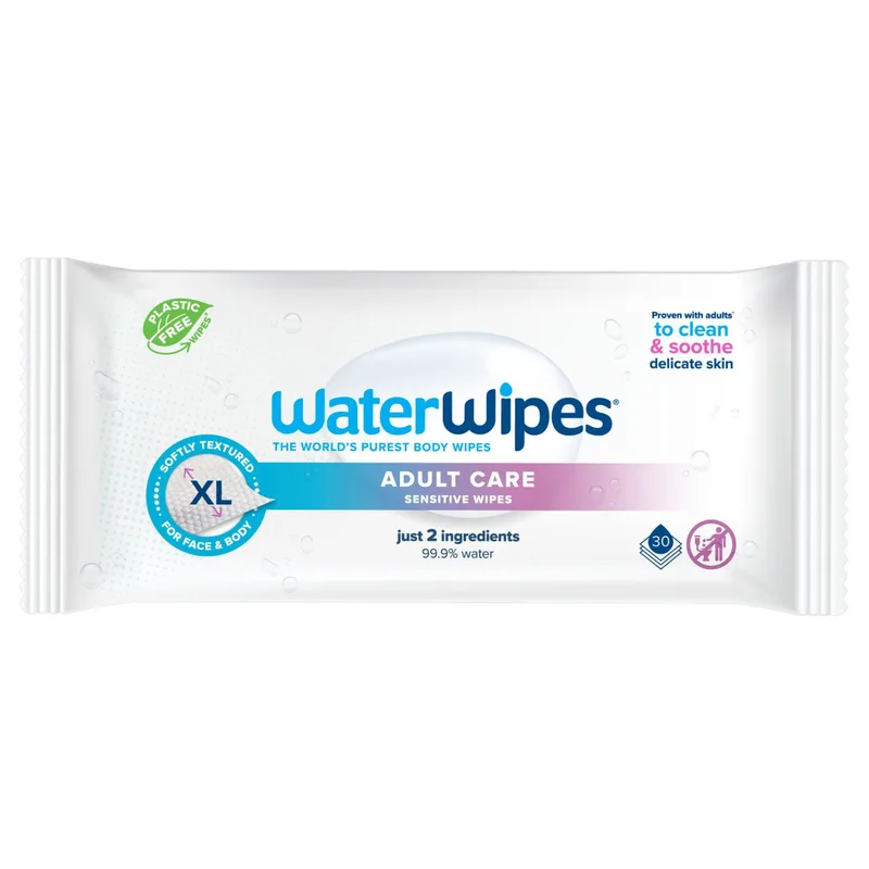 WaterWipes Adult Care Sensitive Wipes XL Μαντηλάκια Καθαρισμού Ενηλίκων Χωρίς Πλαστικό από 100% Φυτικές Ίνες & Νερό με μία Σταγόνα Εκχυλίσματος Σπόρων Grapefruit 30 Τεμάχια