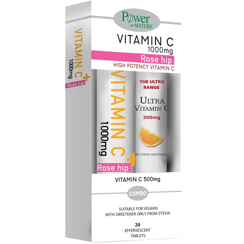 Power Health Promo Vitamin C & Rose Hip 1000mg, 20 Effer.tabs & Ultra Vitamin C 500mg, 20 Effer.tabs,Συμπλήρωμα Διατροφής με Βιταμίνη C & Εκχύλισμα Αγριοτριανταφυλλιάς για Ενίσχυση του Ανοσοποιητικού με Αντιοξειδωτικές Ιδιότητες με Γεύση Πορτοκάλι &