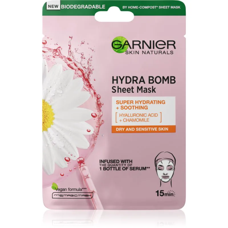 Garnier Textil Masks Hydra Bomb σούπερ ενυδατική καταπραϋντική υφασμάτινη μάσκα για ξηρή και ευαίσθητη επιδερμίδα 28 γρ