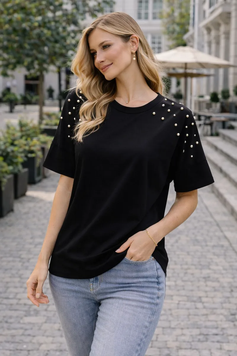 Μπλούζα Γυναικεία Με Πέρλες Στους Ώμους – Casual Chic T-Shirt Σε Μαύρο | Dress Up Μαύρο