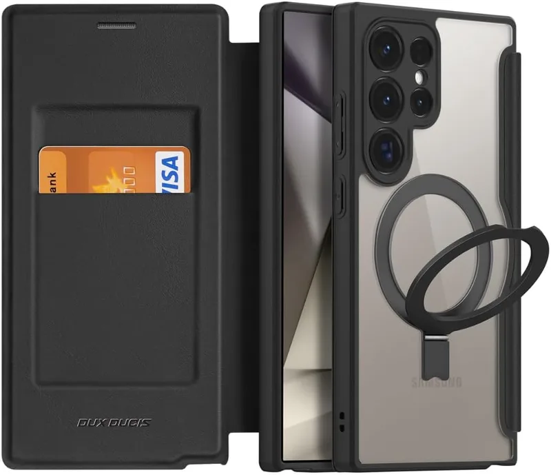 Flip MagSafe Θήκη Πορτοφόλι με Μαγνητικό Finger Holder - Samsung Galaxy S24 Ultra - Duxducis Skin X Pro - Black (6934913020685)
