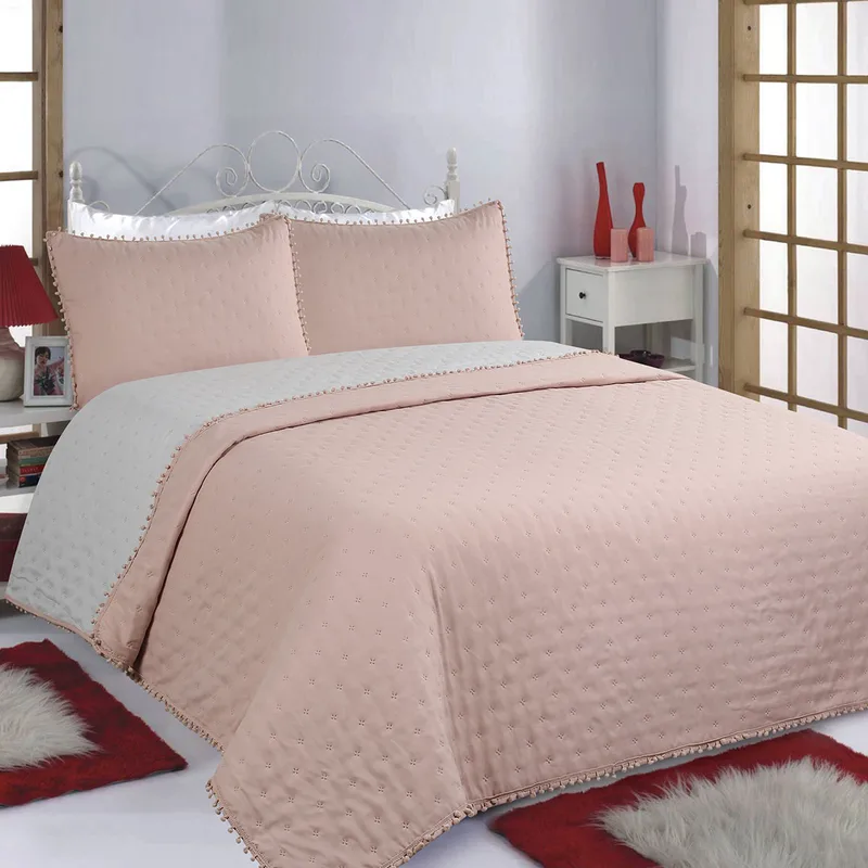 Κουβερλί Υπέρδιπλο (Σετ 220x240) 2 Όψεων Silk Fashion Pon Pon Pink-Grey
