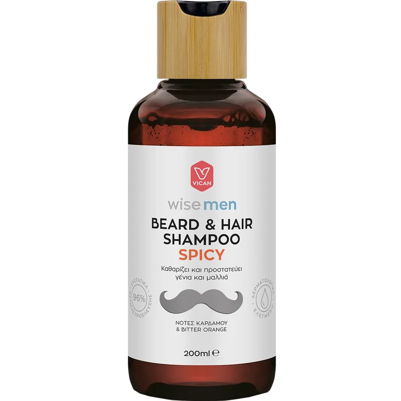 Vican Wise Men Beard & Hair Shampoo Spicy Ανδρικό Σαμπουάν για Μαλλιά & Γένια για Καθαρισμό & Ενυδάτωση της Τρίχας & του Δέρματος με Άρωμα Κάρδαμο & Bitter Πορτοκαλί 200ml
