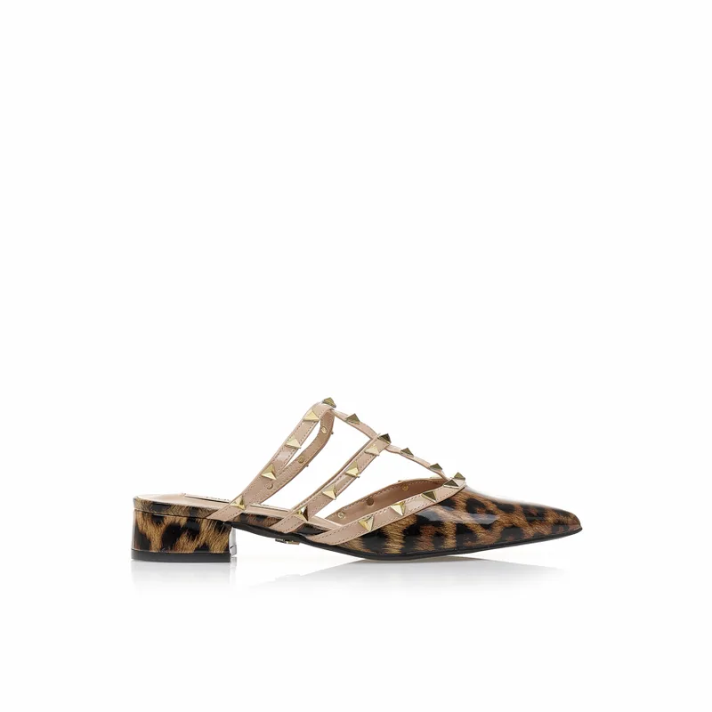 Mules animal print λουστρίνι με χρυσά τρουκς ΛΕΟΠΑΡ