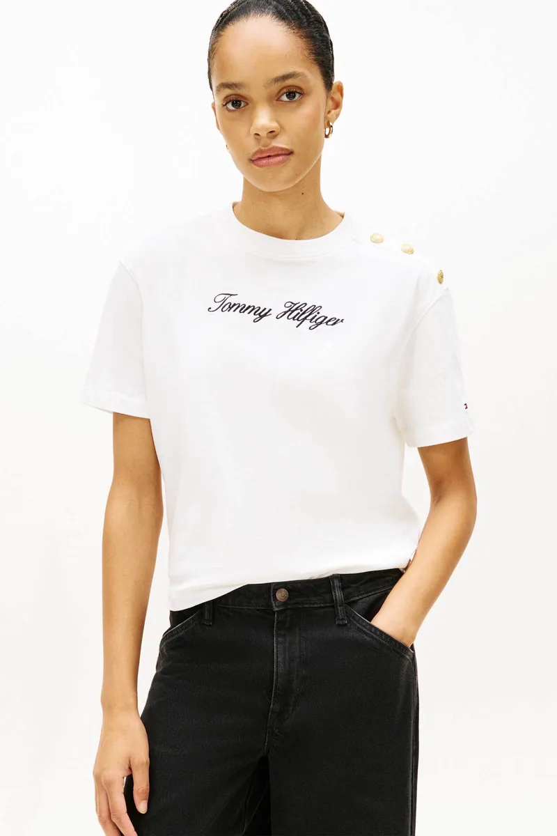 Tommy Hilfiger γυναικείο T-shirt με κεντημένο λογότυπο και χρυσά κουμπιά στον ώμο Relaxed Fit - WW0WW47819 Εκρού