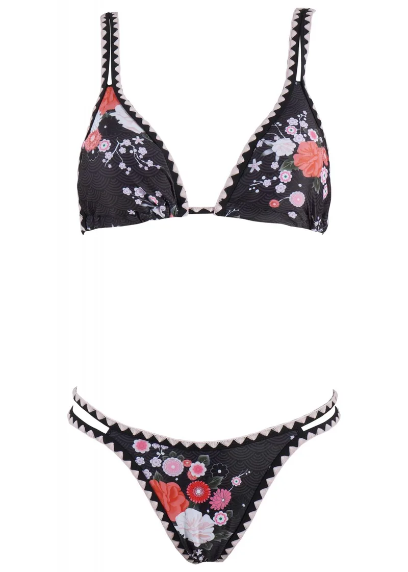 Σέτ τρίγωνο μαγιό αποσπώμενη ενίσχυση bikini παρτό floral print. Καλύπτει B Cup. ΜΑΥΡΟ