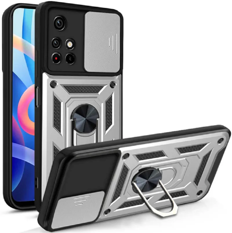 Bodycell Armor Slide - Ανθεκτική Θήκη Xiaomi Redmi Note 11 Pro Plus 5G με Κάλυμμα για την Κάμερα & Μεταλλικό Ring Holder - Silver (5206015014819)