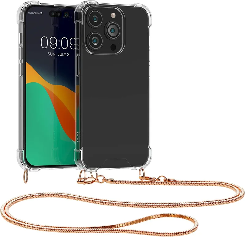 KWmobile Διάφανη Θήκη Σιλικόνης με Μεταλλικό Λουράκι Λαιμού Apple iPhone 14 Pro - Transparent / Rose Χρυσό (59104.81)