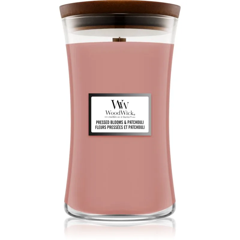 Woodwick Pressed Blooms & Patchouli αρωματικό κερί με ξύλινο φιτίλι 609.5 γρ