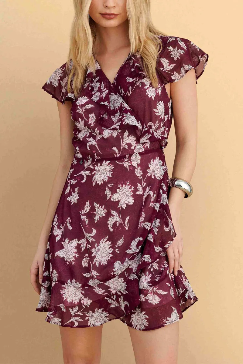 Attrativo γυναικείo mini φόρεμα με floral print και βολάν - 9923166 Μπορντό