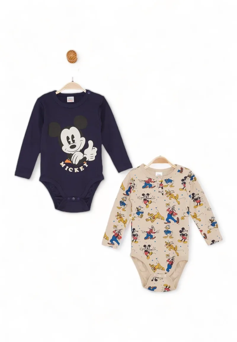 Κορμάκια Βρεφικά Cimpa με μακρύ μανίκι Mickey 2τμχ σε Μπέζ και Μπλέ MC21455-Μπεζ