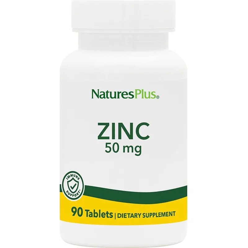Natures Plus Zinc 50mg Συμπλήρωμα Διατροφής με Ψευδάργυρο για Ενίσχυση του Ανοσοποιητικού Βελτίωση της Ανδρικής Γονιμότητας & Υγιή Μαλλιά, Νύχια & Δέρμα 90tabs