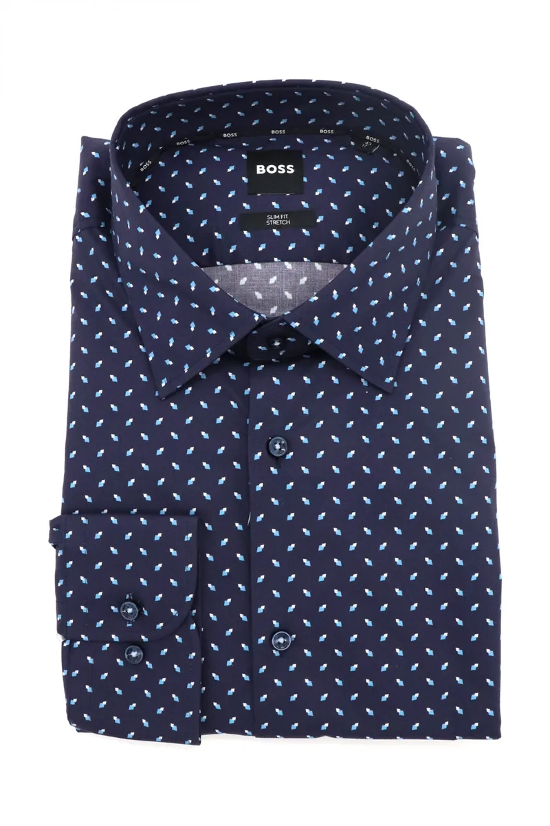 BOSS ΠΟΥΚΑΜΙΣΟ ΜΙΚΡΟΣΧΕΔΙΟ SLIM FIT H-HANK-KENT-C1-214 ΣΚΟΥΡΟ ΜΠΛΕ