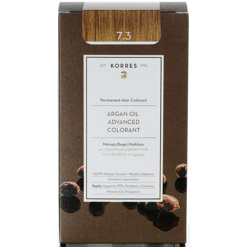 Korres Argan Oil Βαφή Μαλλιών Χωρίς Αμμωνία με Τεχνολογία Pigment-Lock που Κλειδώνει το Χρώμα 1 Τεμάχιο - 7.3 Ξανθό Μελί