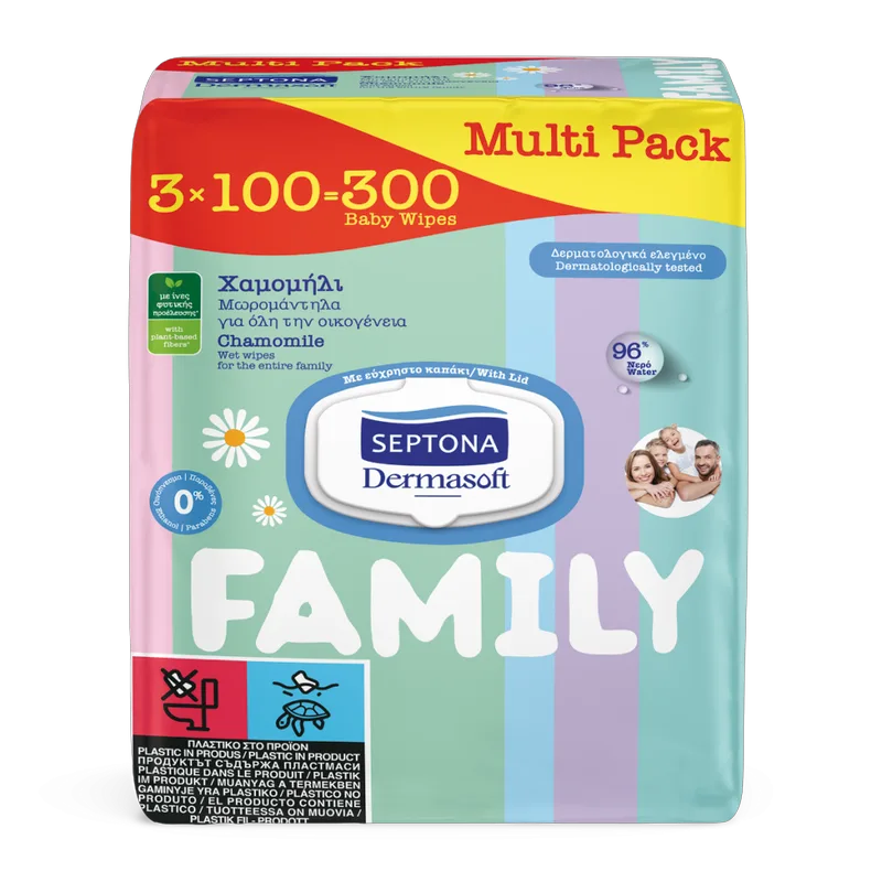 Μωρομάντηλα Septona Dermasoft Family Με Καπάκι 300τεμ (3x100)