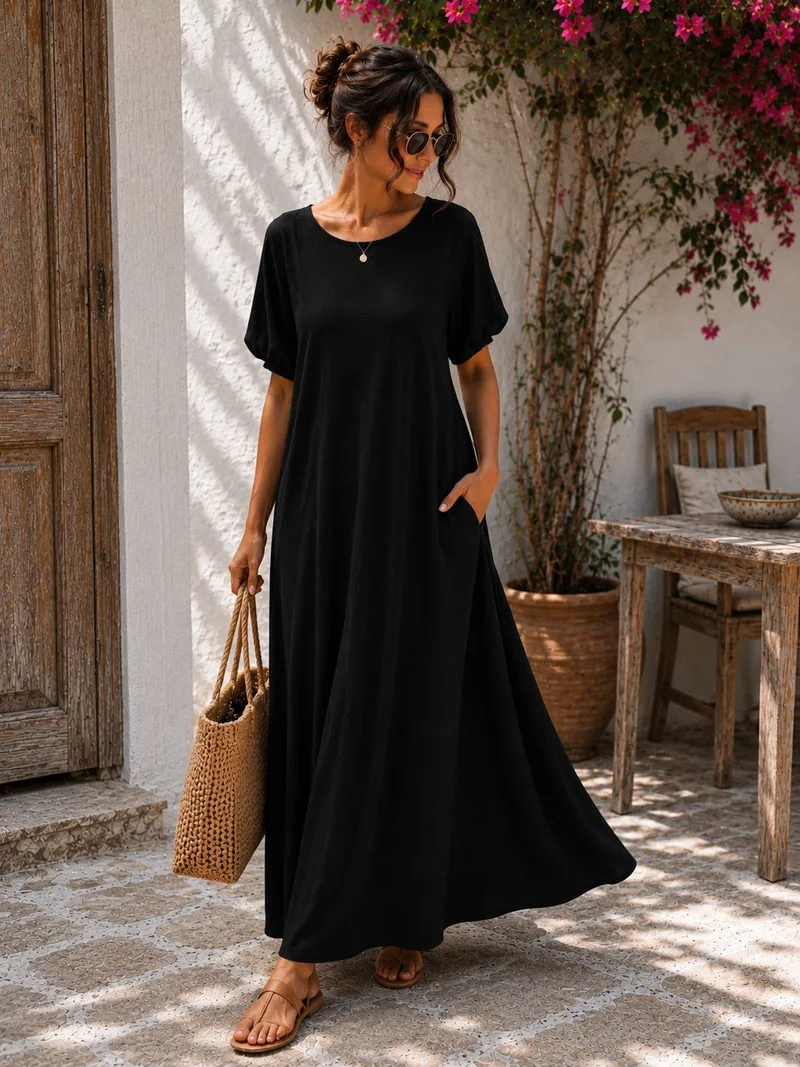 Maxi Oversized Φόρεμα με Balloon Μανίκια & Στρογγυλή Λαιμόκοψη - Μαύρο| Dress Up Μαύρο