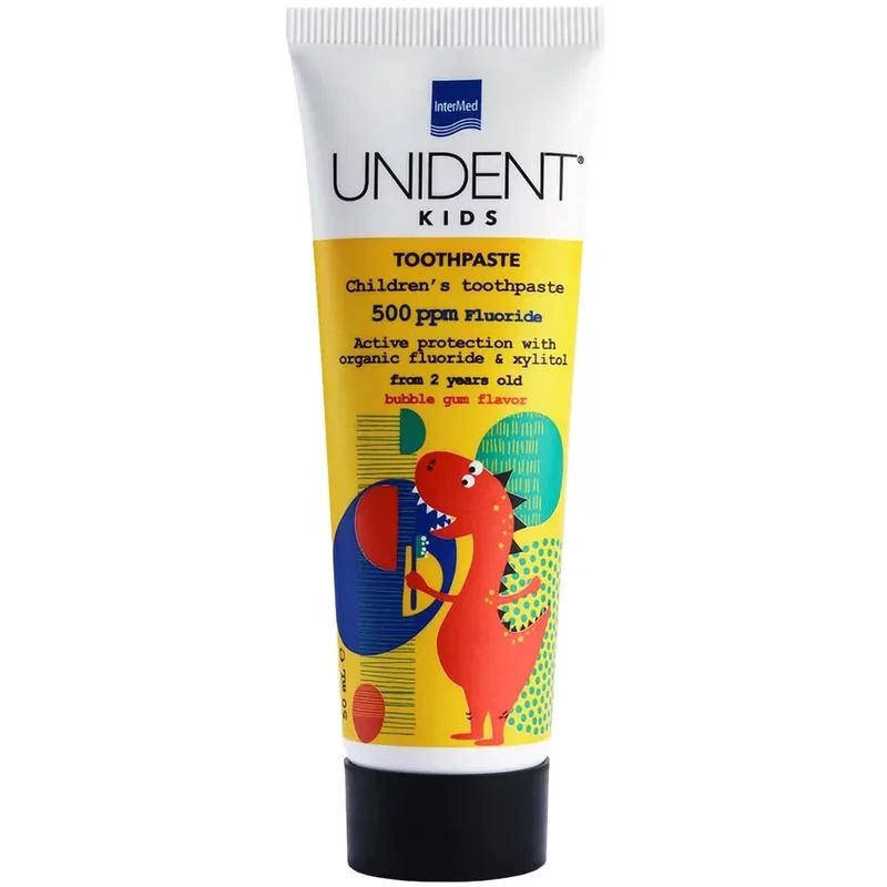 Intermed Unident Kids Toothpaste 500ppm Fluoride 2+ Years Bubblegum Flavor Φθοριούχος Παιδική Οδοντόκρεμα με Γεύση Τσιχλόφουσκας 50ml