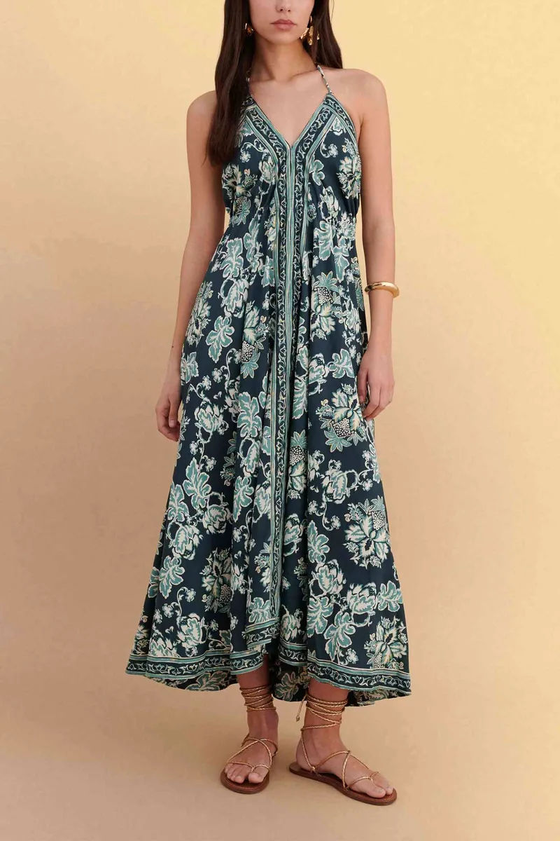 Attrattivo γυναικείο midi αμάνικο φόρεμα με floral print - 9923317 Πράσινο