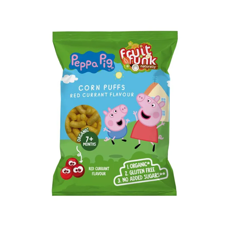 Βιολογικό Βρεφικό Σνάκ Καλαμποκιού (7+) Peppa Pig με Φραγκοστάφυλο - FruitFunk - 50γρ No Sugar Added Gluten Free Vegan Organic Palm Oil Free