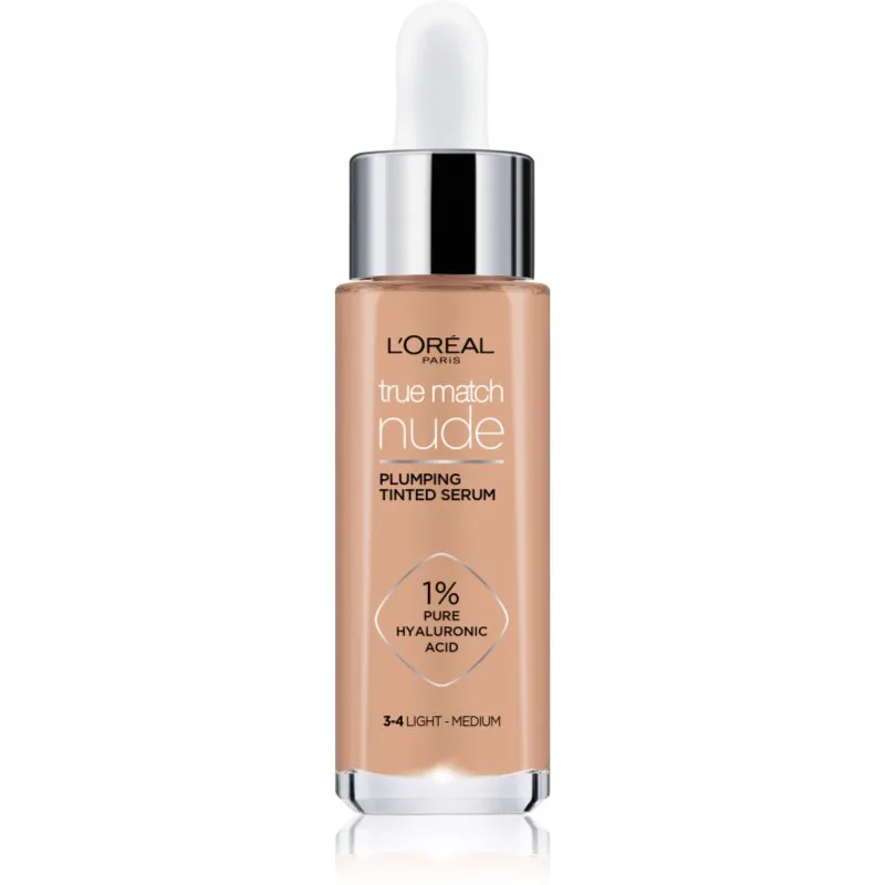 L’Oréal Paris True Match Nude Plumping Tinted Serum ορός για ενοποίηση τόνου της απόχρωσης δέρματος απόχρωση 3-4 Light Medium 30 ml