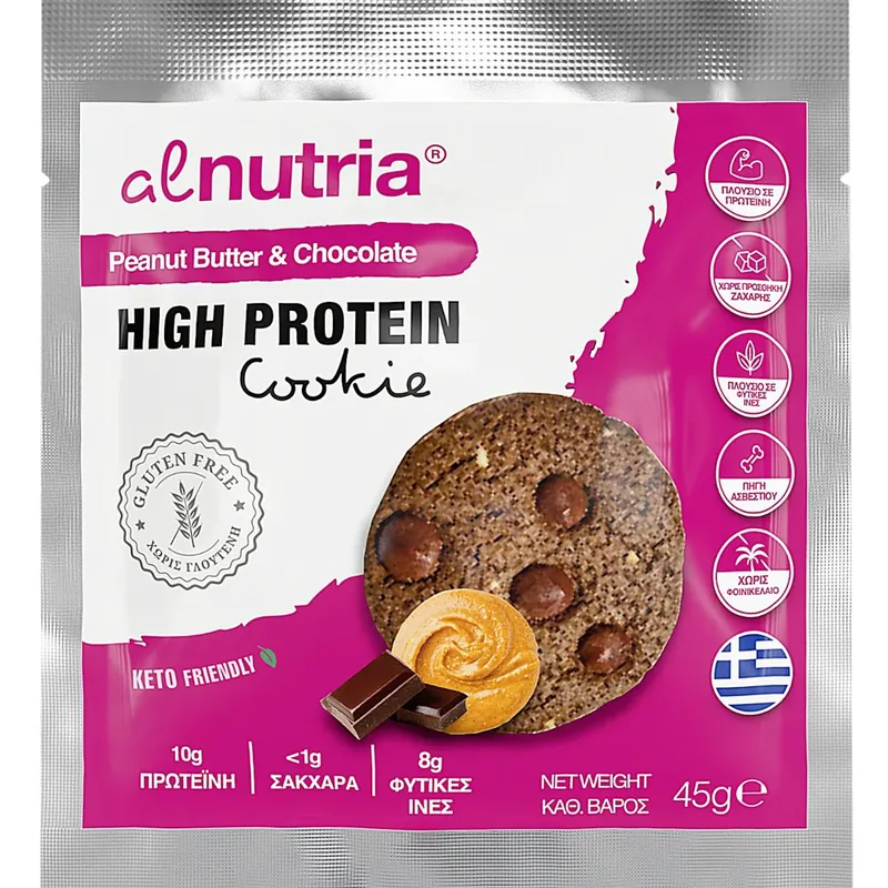 Alnutria High Protein Cookie Μπισκότο Πλούσιο σε Πρωτεΐνη & Ασβέστιο με Πλούσια Γεύση Φυστικοβούτυρο, Σοκολάτα & Κομμάτια Σοκολάτας Γάλακτος 45g 1 Τεμάχιο - Peanut Butter & Chocolate
