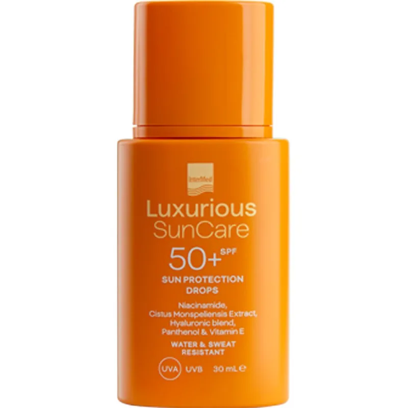 InterMed Luxurious SunCare Sun Protection Drops Spf50+ Λεπτόρρευστο Αντηλιακό Γαλάκτωμα Προσώπου Πολύ Υψηλής Προστασίας με Ενισχυμένο Συνδυασμό Φωτοσταθερών Φίλτρων 30ml