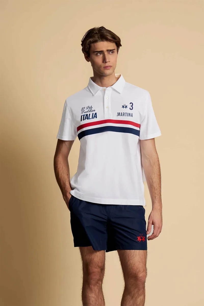 La Martina ανδρική μπλούζα πόλο με λογότυπο και lettering Regular Fit "Coleman" - MCP304-PK191 Λευκό