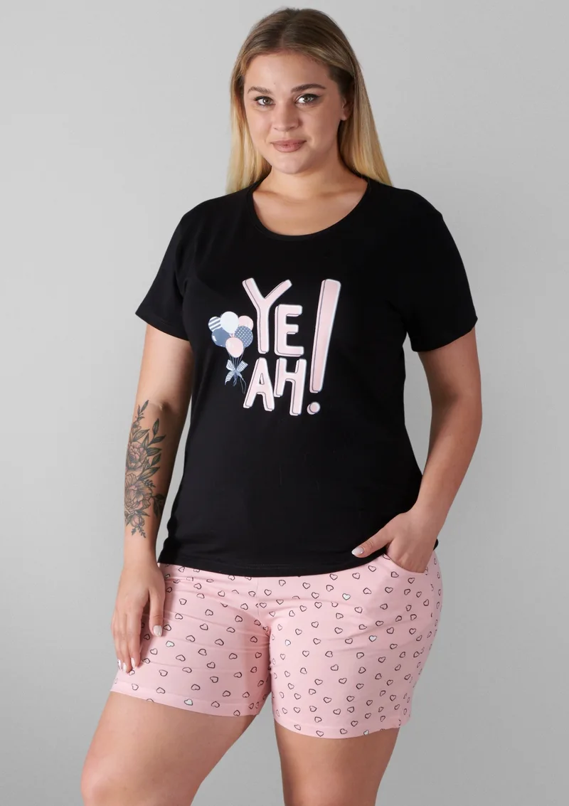 Plus Size Βαμβακερή Πιτζάμα Μαύρο Ροζ - Μαύρο