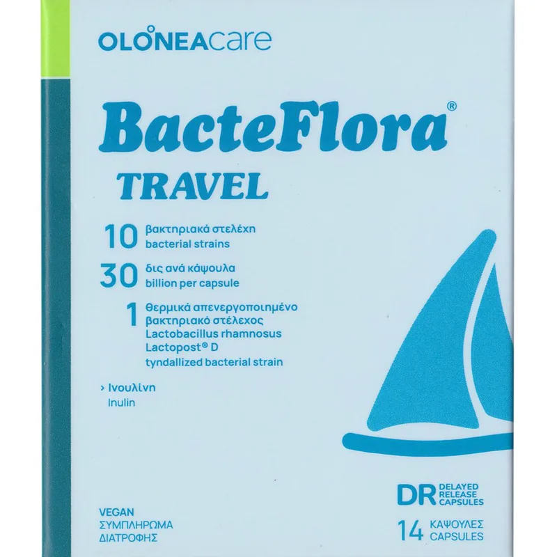 Olonea BacteFlora Travel Συμπλήρωμα Διατροφής 10 Προβιοτικών Στελεχών για την Αντιμετώπιση της Διάρροιας του Ταξιδιώτη 14caps