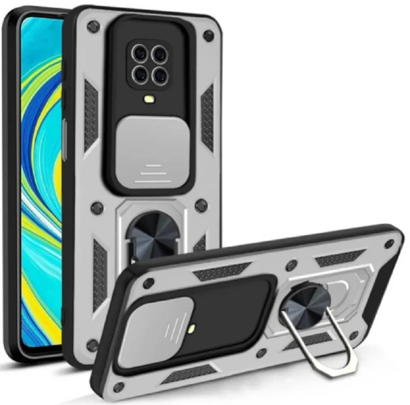 Bodycell Armor Slide - Ανθεκτική Θήκη Xiaomi Redmi Note 9S / 9 Pro / 9 Pro Max με Κάλυμμα για την Κάμερα & Μεταλλικό Ring Holder - Silver (5206015014925)