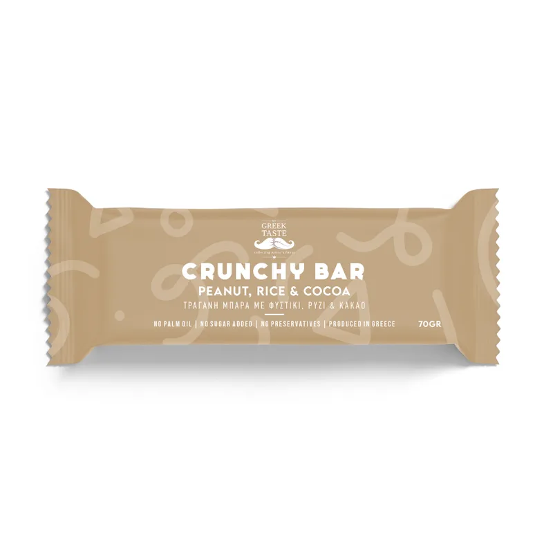 Crunchy Μπάρα Φυστικιού με Ρύζι και Κακάο - myGreekTaste - 70gr Source of Fibre Naturally Sweetened Palm Oil Free Ελλάδα
