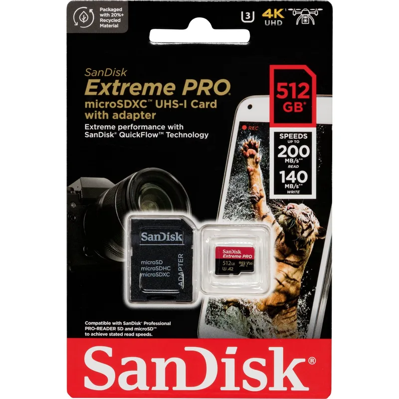 SanDisk microSDXC 512GB Extreme Pro A2 Class 10 V30 UHS-I U3 Memory Card