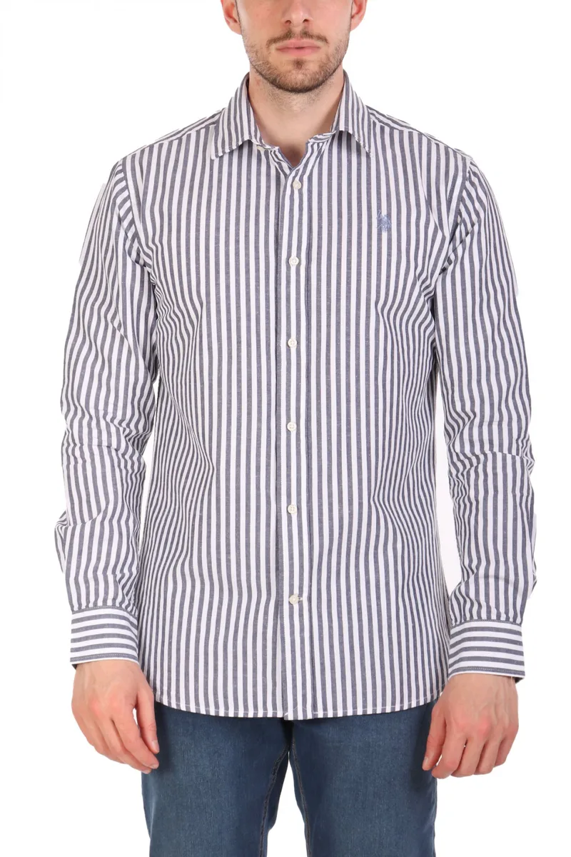 U.S.POLO ASSN ΠΟΥΚΑΜΙΣΟ ΡΙΓΕ REGULAR FIT ΜΠΛΕ-ΛΕΥΚΟ