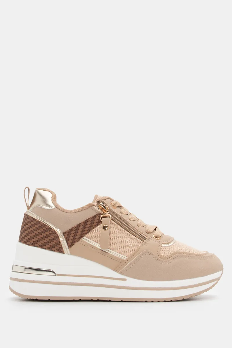 Sneakers Δίσολα με Strass & Φερμουάρ - Μπεζ-Σκούρο