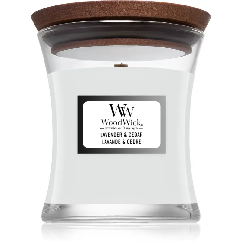 Woodwick Lavender & Cedar αρωματικό κερί με ξύλινο φιτίλι 85 γρ