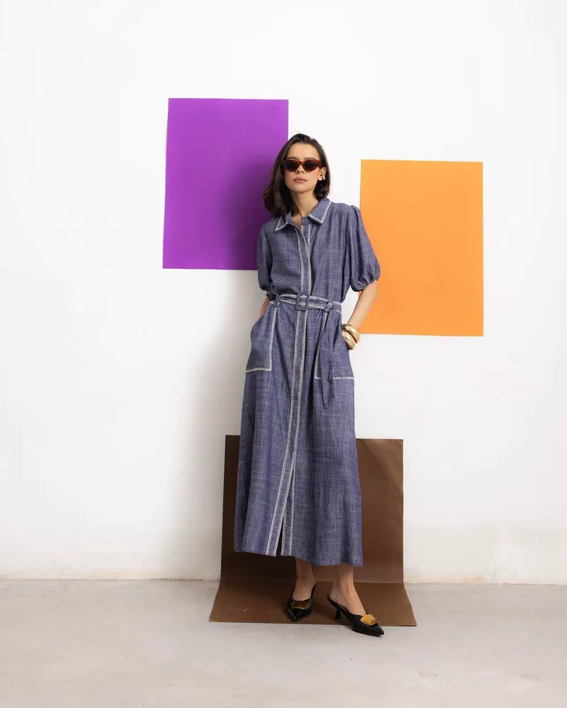 Maxi Φόρεμα Με Ζώνη Και Κουμπιά – Elegant & Διαχρονικό Style | Dress Up Μπλε