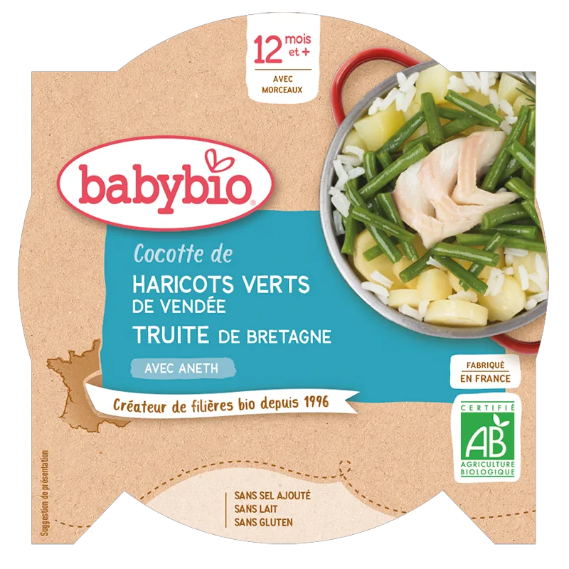 Babybio Mezzogiorno Plate - 12 months and more - Green Beans, Trout - ORGANIC 230 g