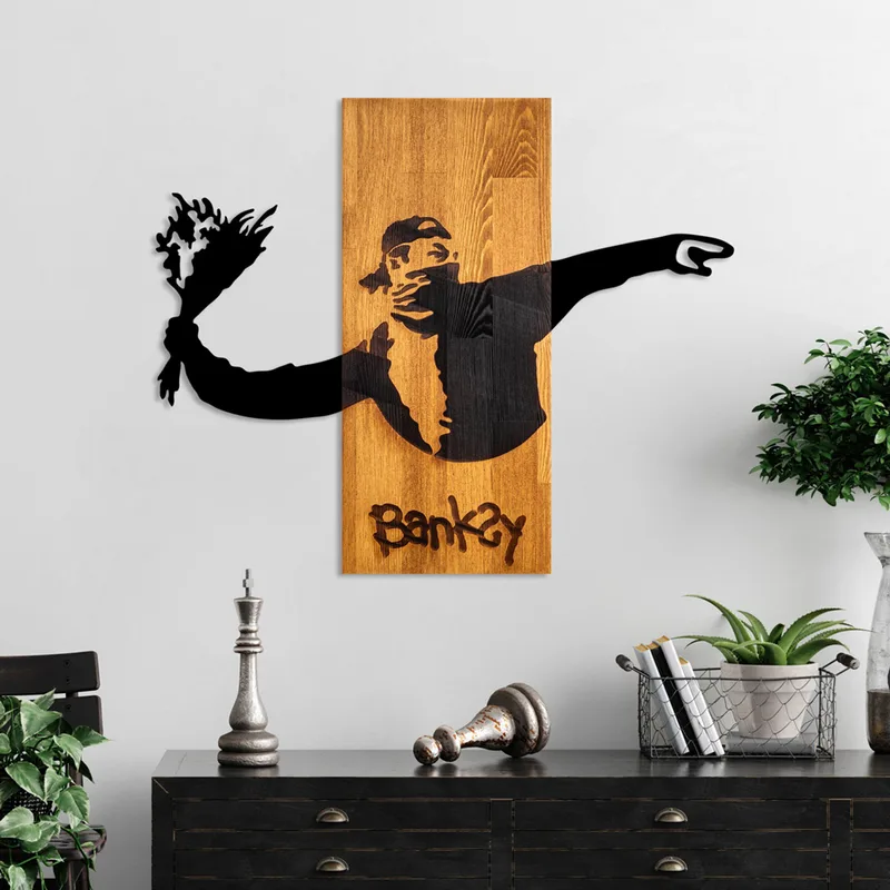 Ξύλινο Διακοσμητικό Τοίχου Banksy - Flower Thrower 899Skl2692 69x58x3 cm