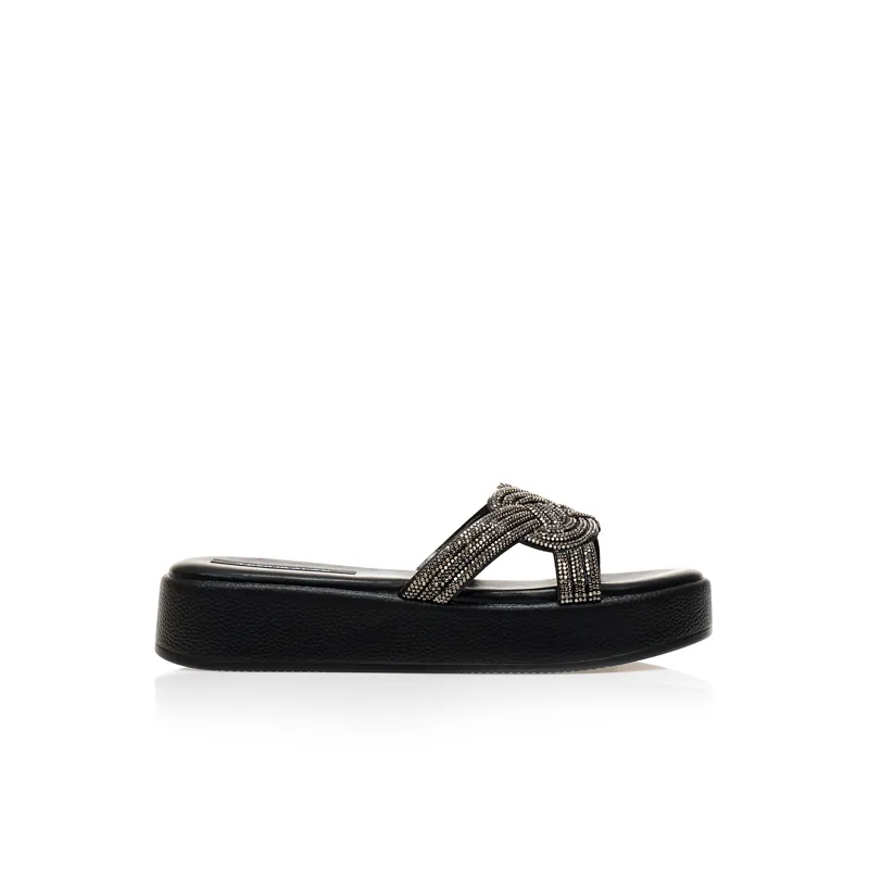 Flatforms TSOUKALAS μαύρα δερματίνη με πλέξη από στρας ΜΑΥΡΟ