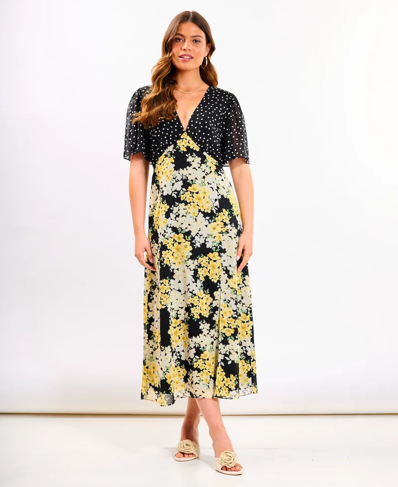 Yellow Floral Flutter Sleeve Midi Dress | Size: 10
