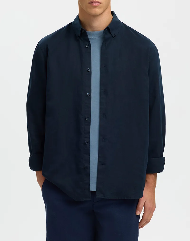 SELECTED SLMREGCLAUS CLAY LINENBLEND LS SHT NOOS 16100084-Sky Captain NavyBlue