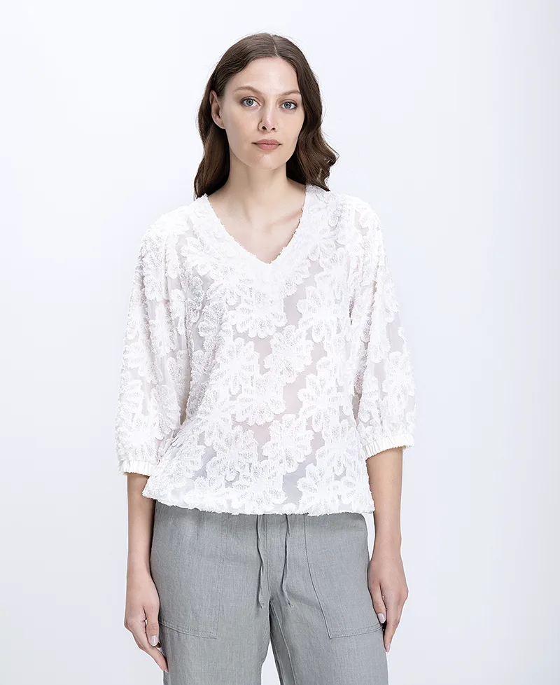 Γυναικεία Μπλούζα Δαντελένια Relaxed Fit Με Ανάγλυφο Floral Σχέδιο
