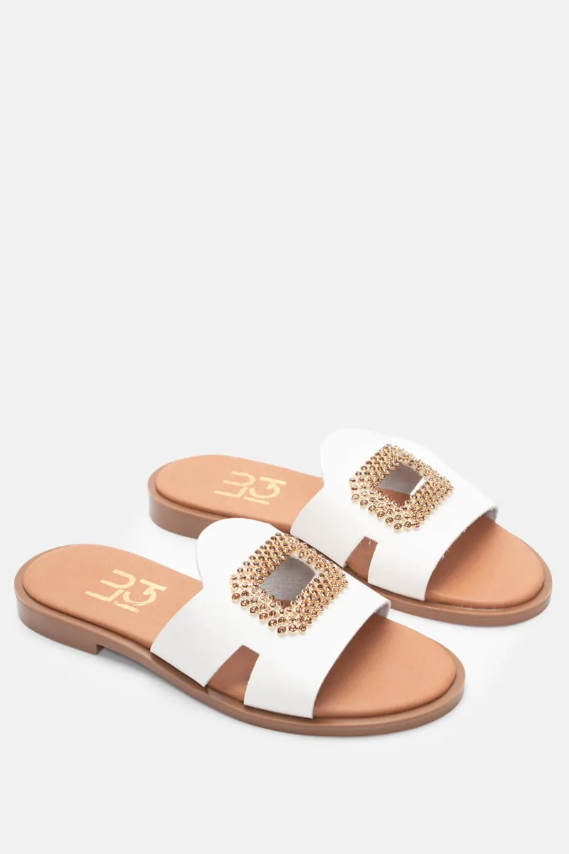 LUIGI DESIGN - Σανδάλια Flat με Διακοσμητικό Από Strass - Λευκό