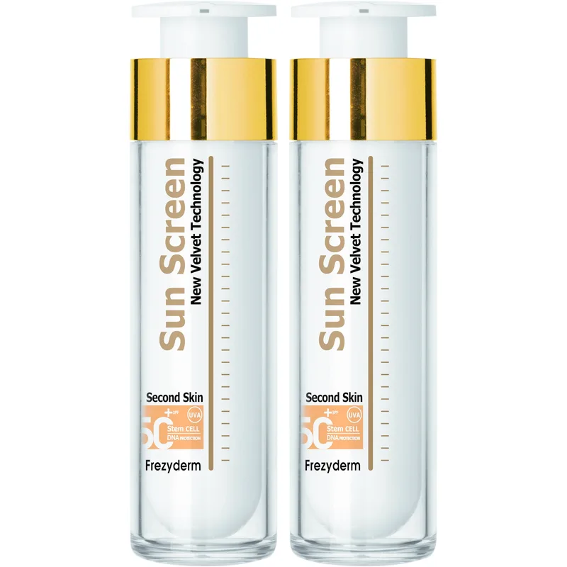 Σετ Frezyderm Sun Screen Velvet Face Cream Spf50+, Διάφανη Αντηλιακή Προσώπου Βελούδινης Υφής, Πολύ Υψηλής Προστασίας 2x50ml
