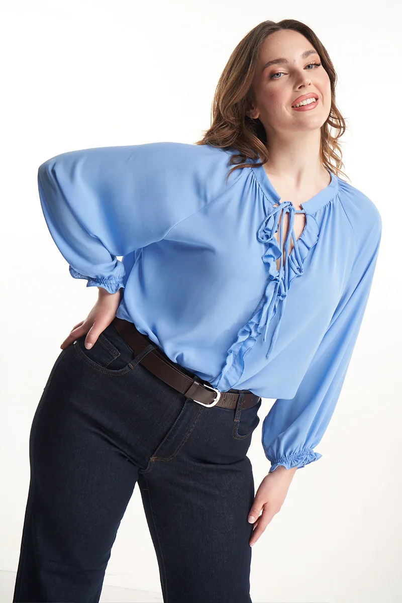 Μπλούζα με βολάν και δέσιμο σε σιελ χρώμα plus size